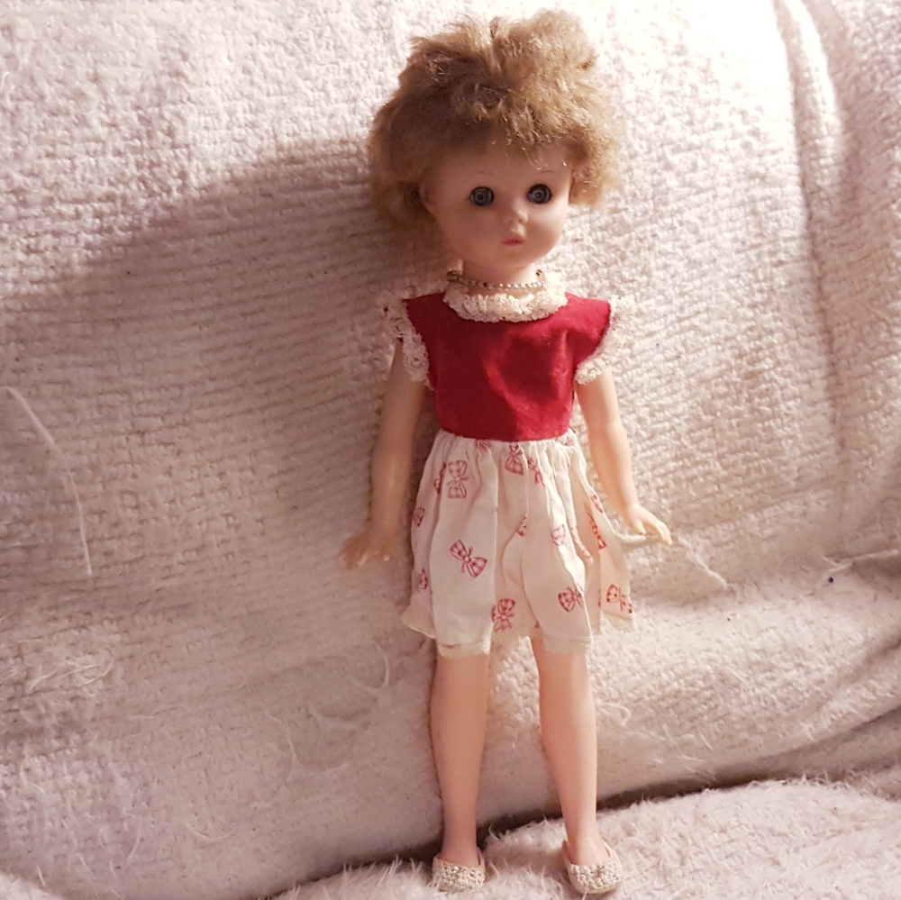 1960s Doll Kellogg's Valerie Velvet Red Bow Dress Crocheted Shoes Vintage TLC